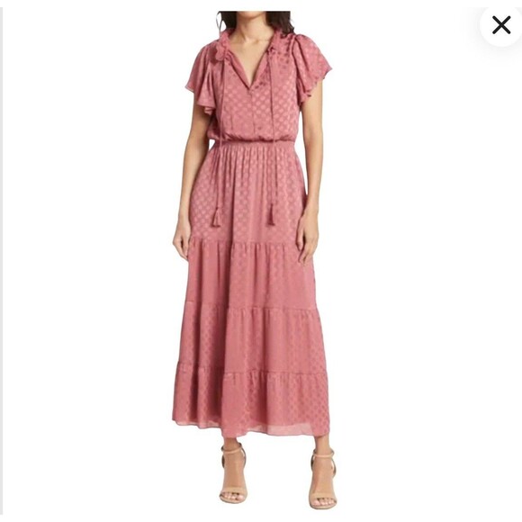 Max Studio Bohemian Dots Peasant Tiered Maxi Dress Silky Mauve Sz Small - Picture 1 of 10